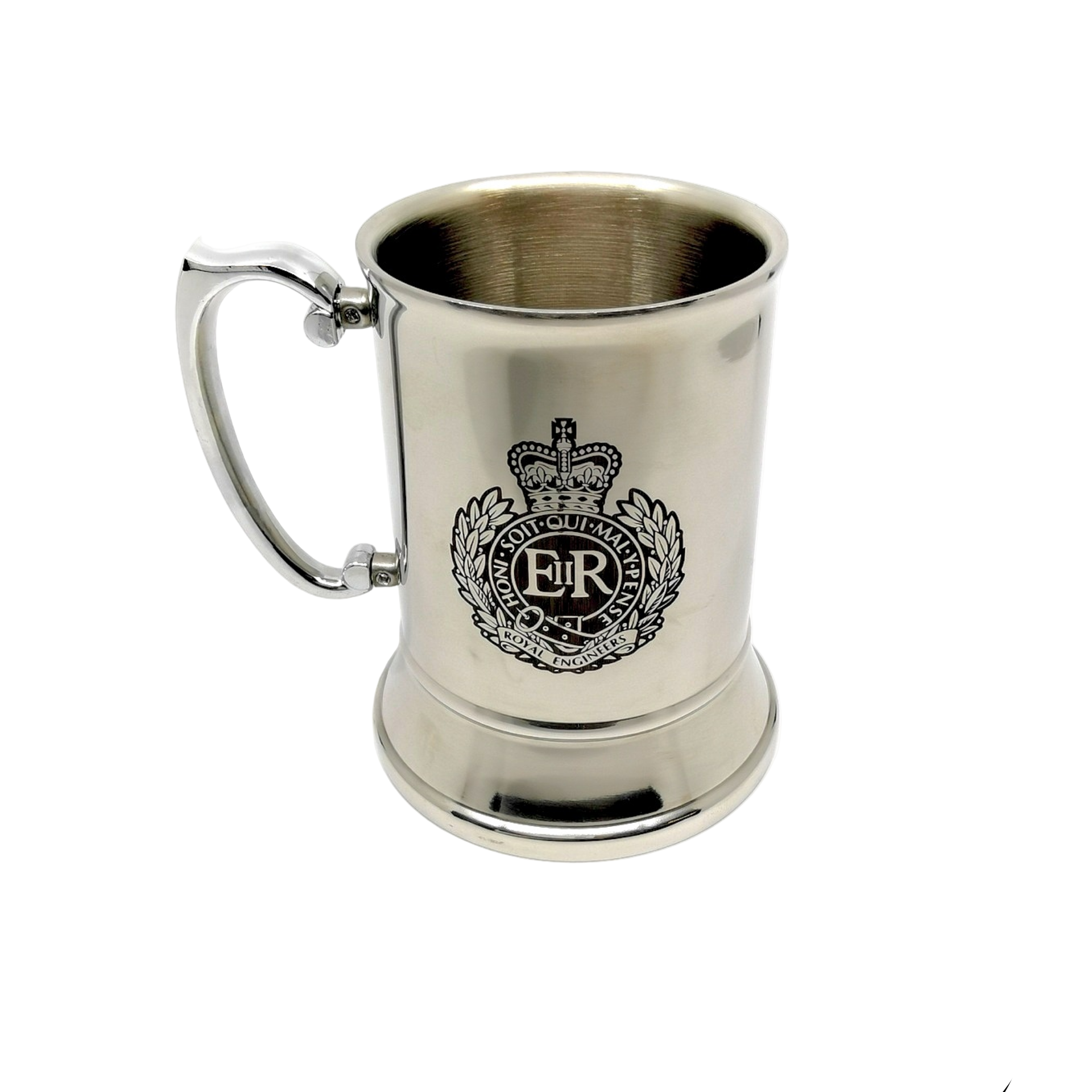 another photo of a traditional steel tankard deep etched engraved with royal engineers crest