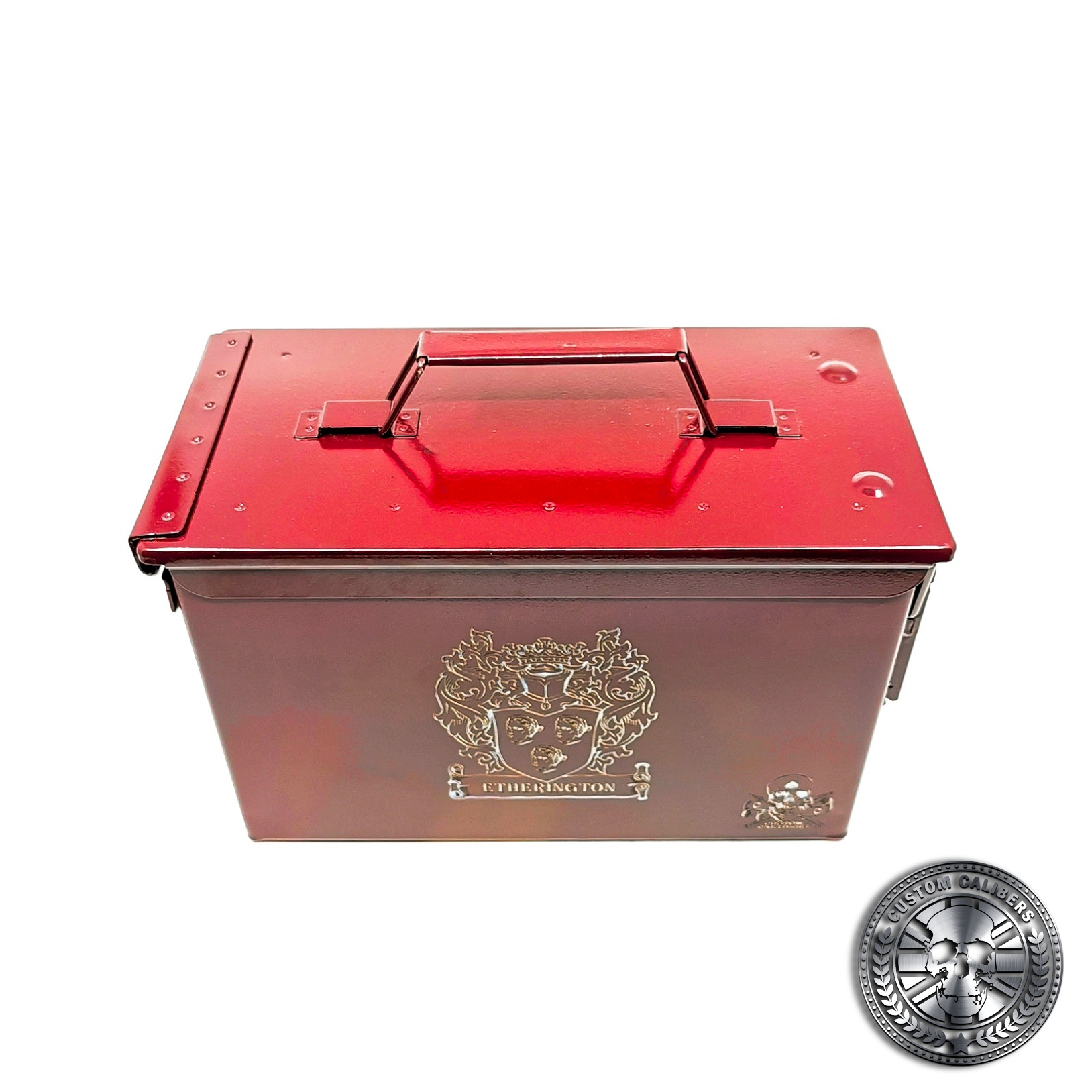 a powder coated ammo tin in airborne burgundy