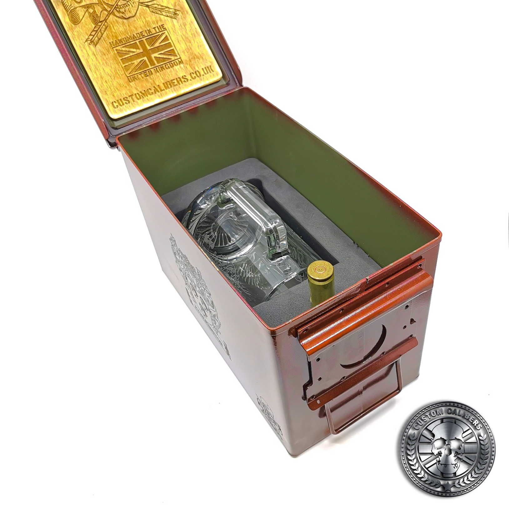 the inside shot of the ammo tin beer gift set showing glass tankard and 50 cal bullet bottle opener