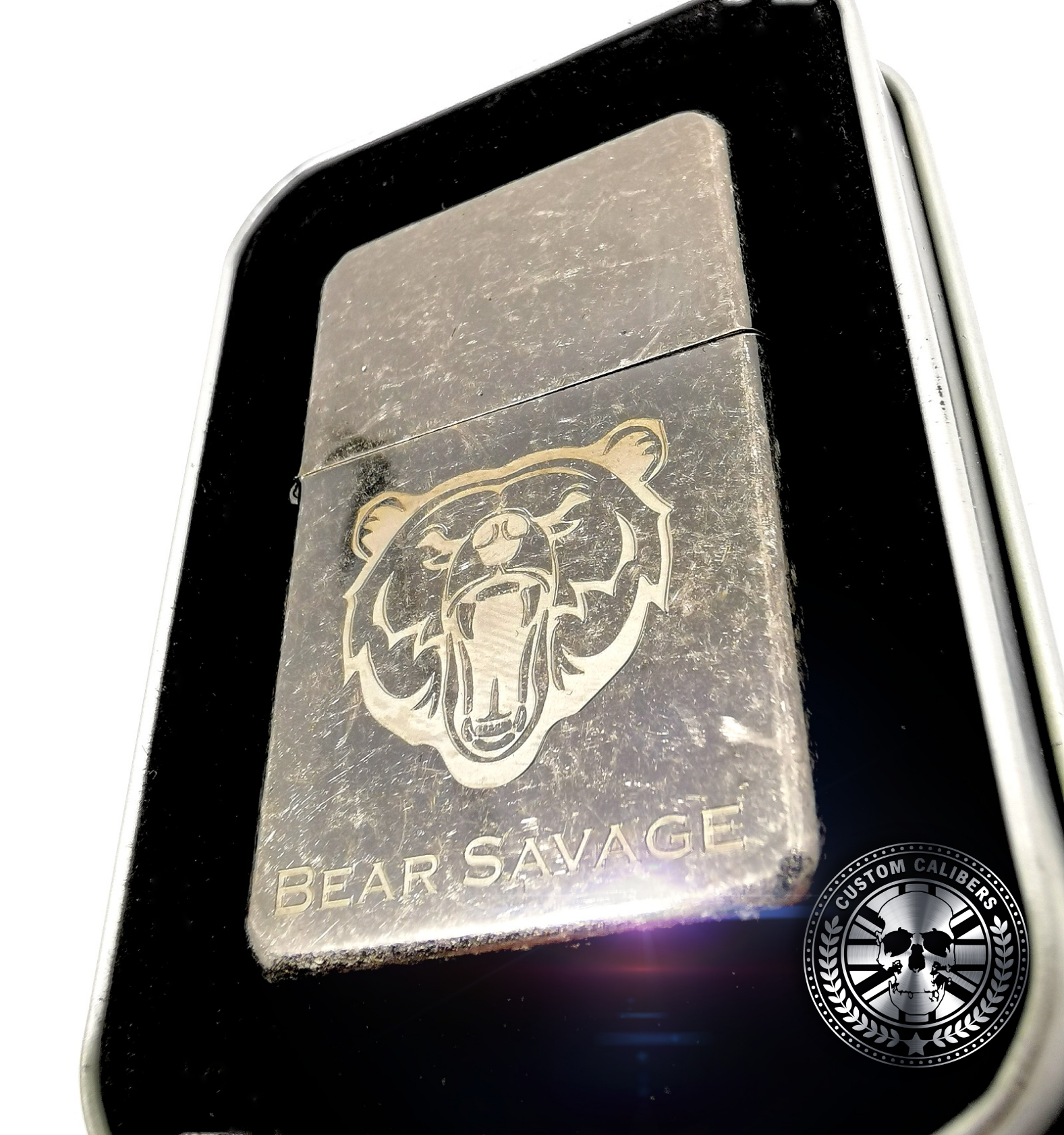 another antique effect steel flip top oil lighter with engraved logo laser engraved
