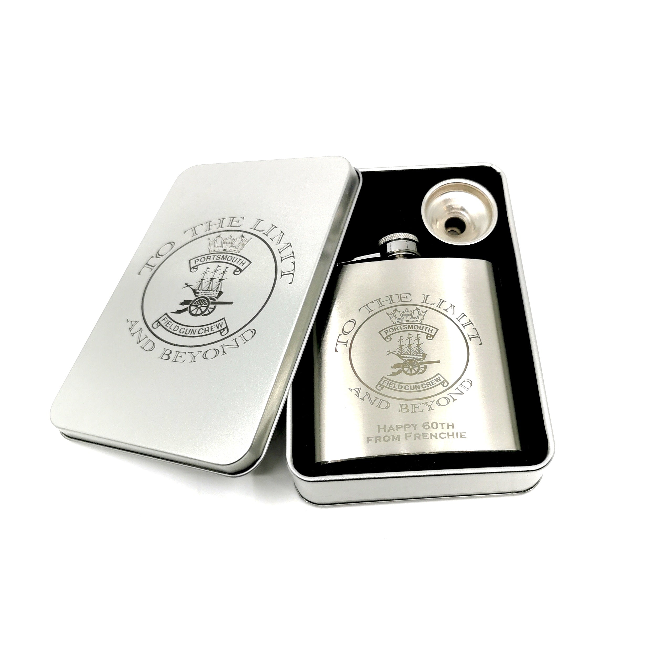 Brushed Steel Hip flask with tin gift box set