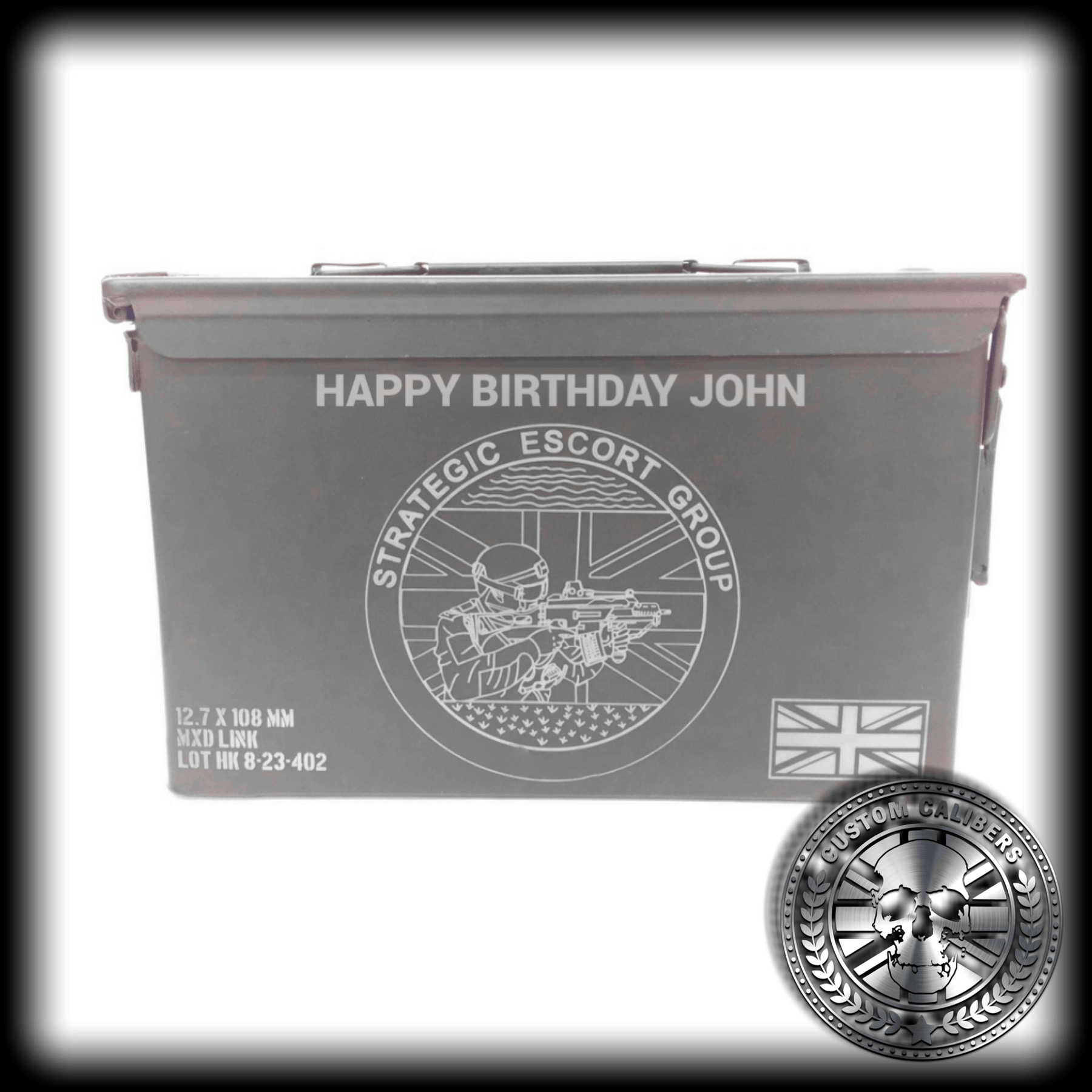A Strategic Escort Group strongbox wishing John a happy birthday