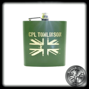 A close up shot of a NATO green hipflask engraved with a union jack design
