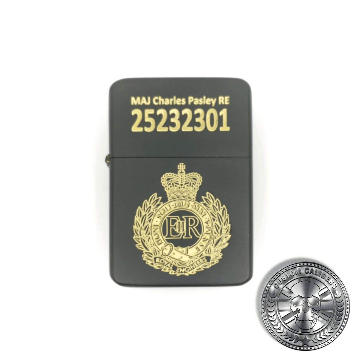 A full view shot of a matt black solid brass flip top lighter engraved with the royal engineers crest on the front with a name and military service number on the lid