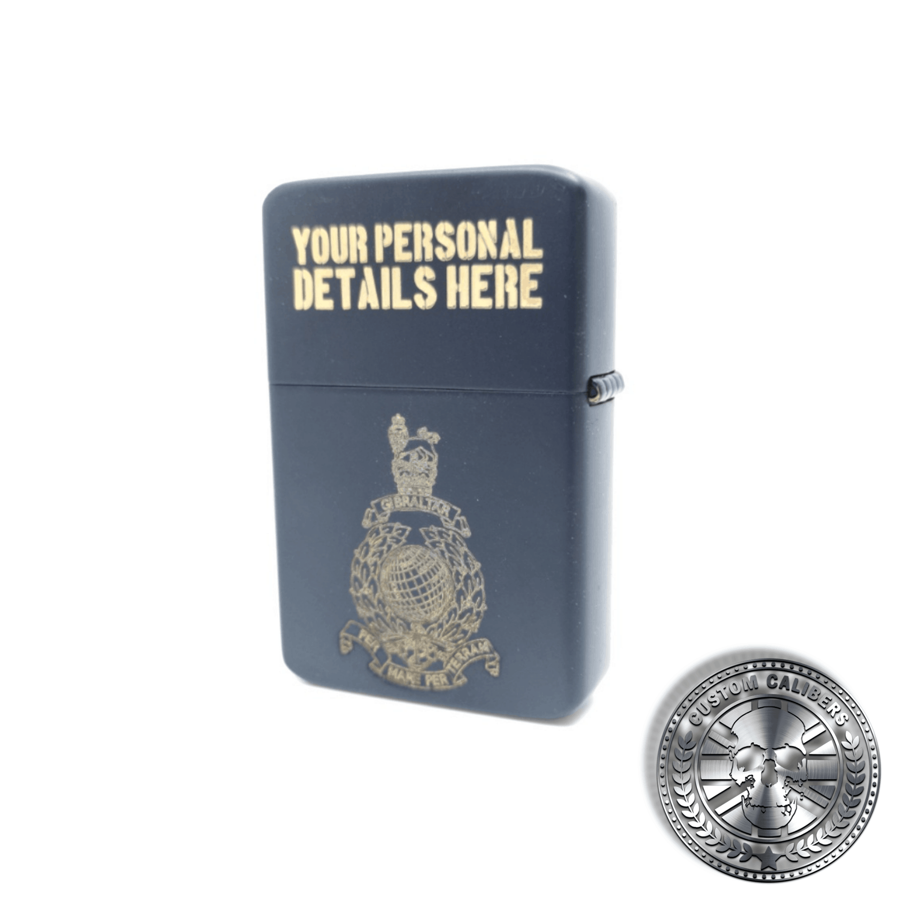 A full view shot of a matt black solid brass flip top lighter engraved with the royal Marines crest on the front with a name and military service number on the lid
