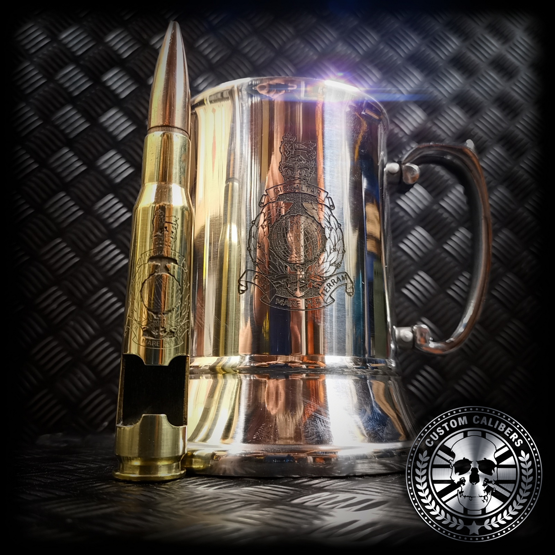 a great shot of an engraved steel tankard and matching brass 50 cal bullet bottle opener with royal marines crest