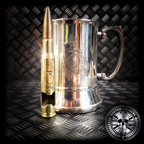 another great shot of an engraved steel tankard and matching brass 50 cal bullet bottle opener with royal marines crest