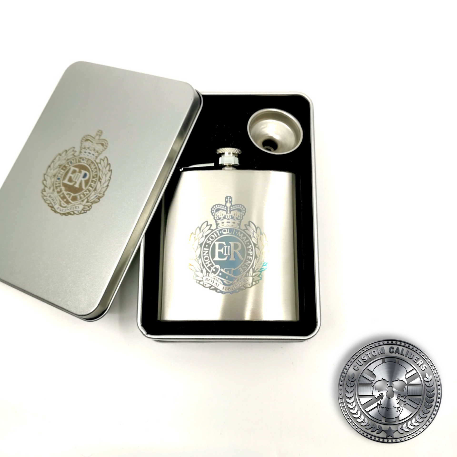 a brushed stainless steel hip flask gift set engraved with a military crest