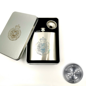 a brushed stainless steel hip flask gift set engraved with a military crest