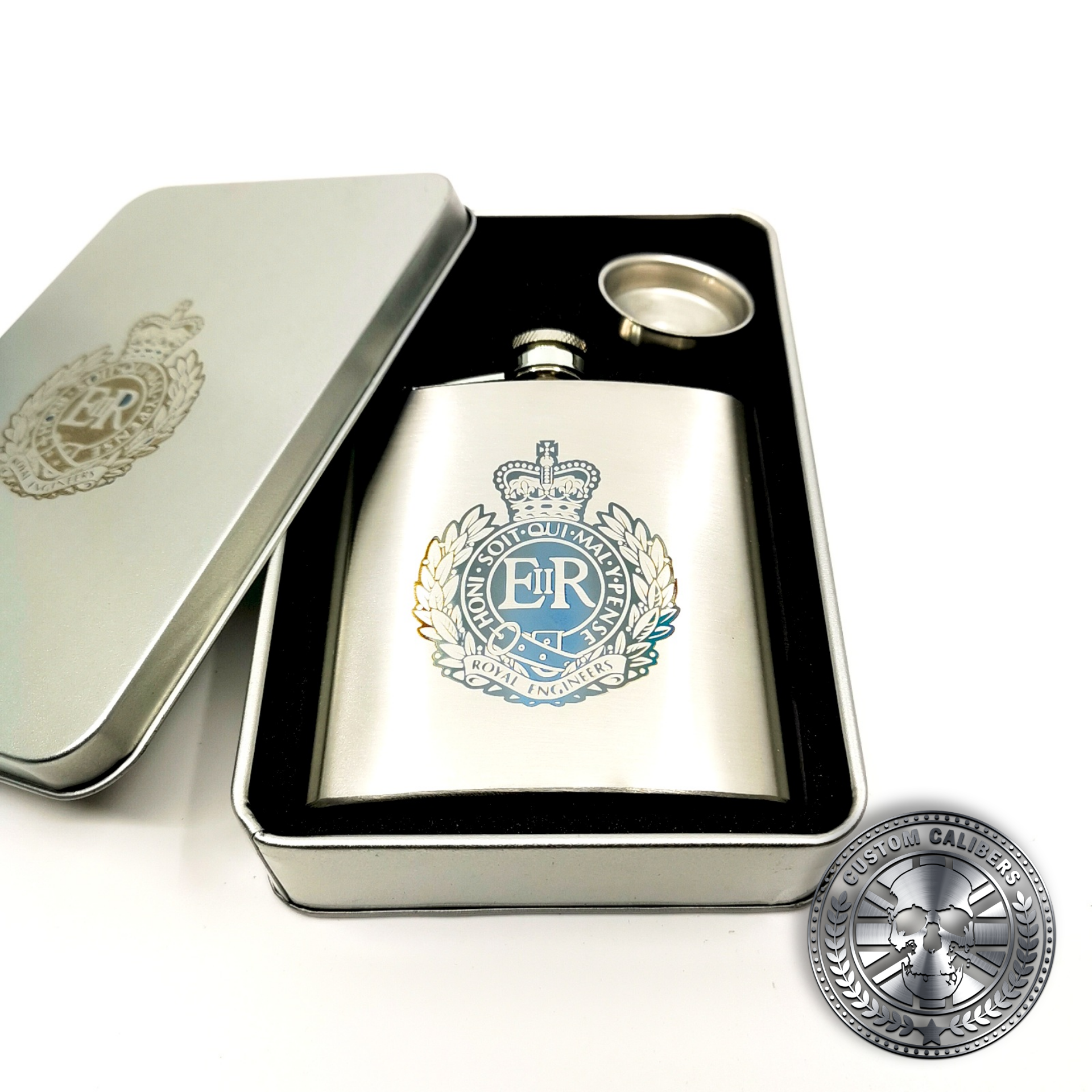 a brushed stainless steel hip flask gift set engraved with a military crest