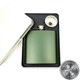 a nato green hip flask in a gift box