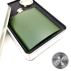 another nato green hip flask in a gift box