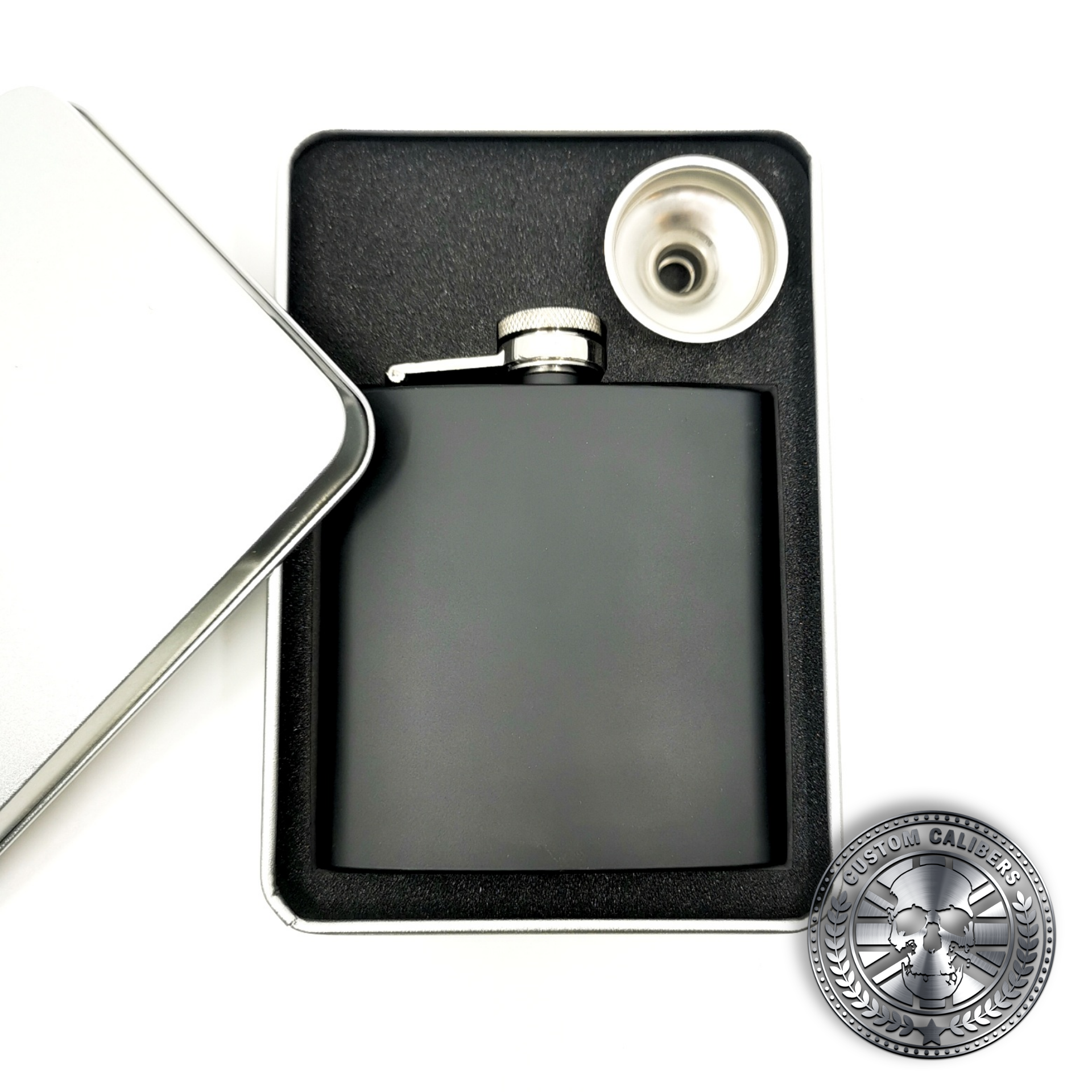a matt black hip flask in a gift box