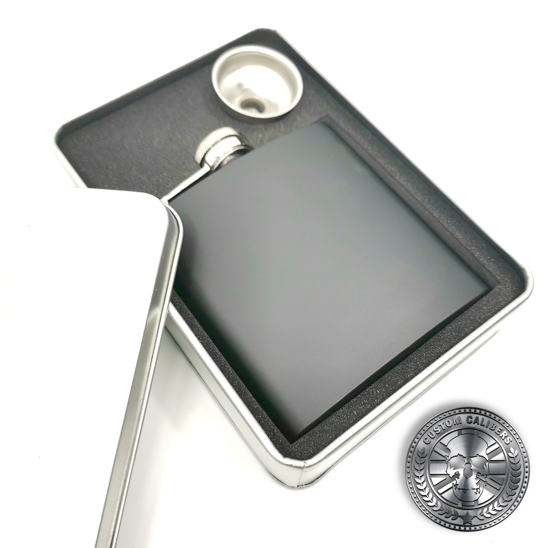 another matt black hip flask in a gift box