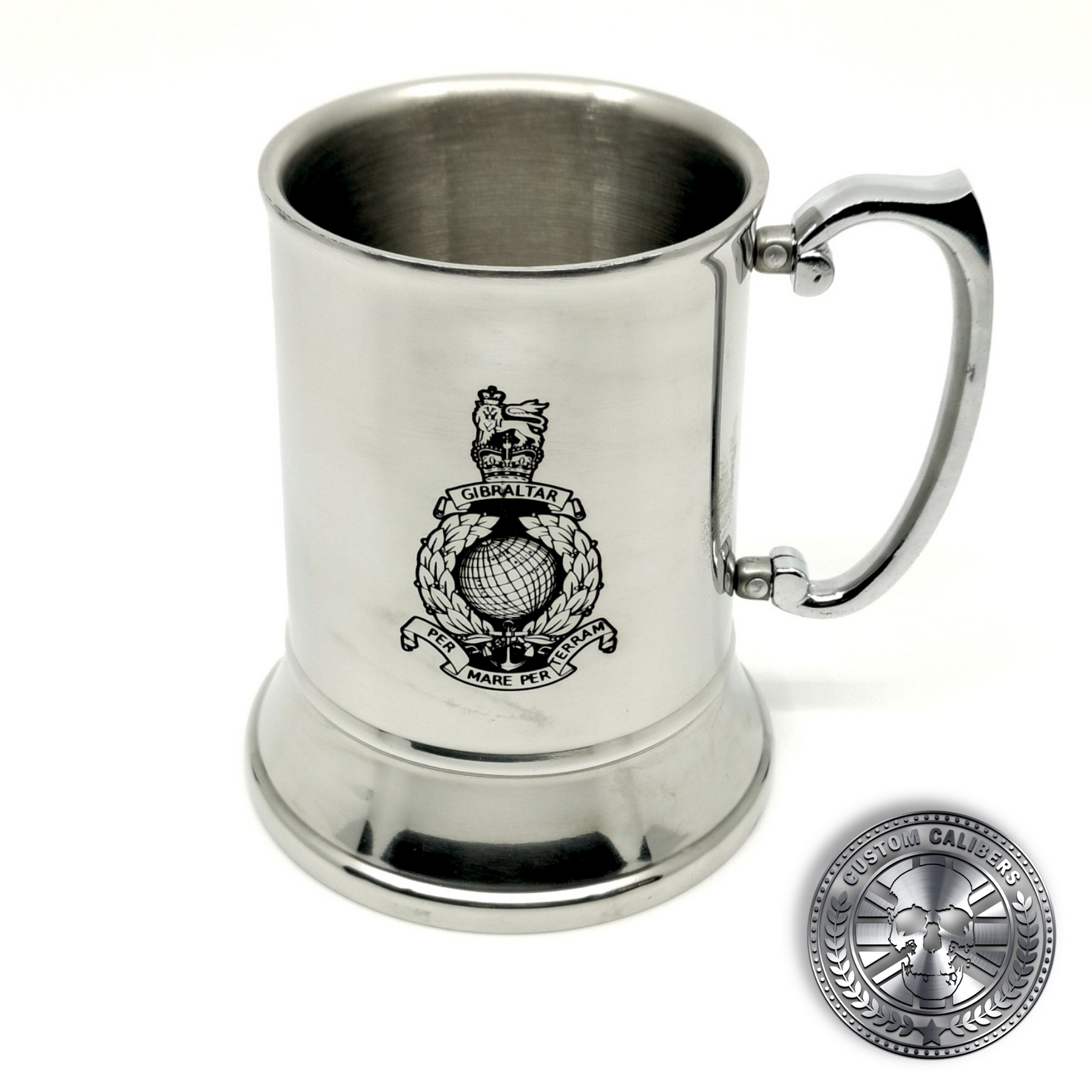 a traditional steel tankard deep etched engraved with royal marines crest