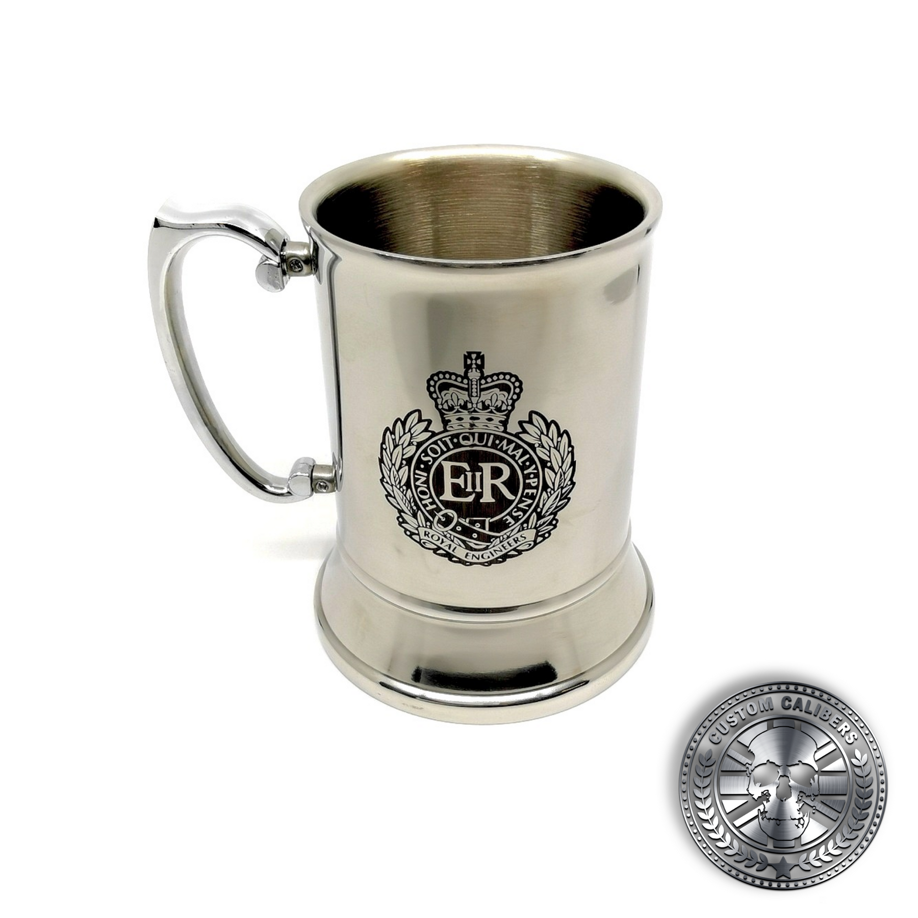 another photo of a traditional steel tankard deep etched engraved with royal engineers crest