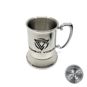 a traditional steel tankard with a logo laser engraved