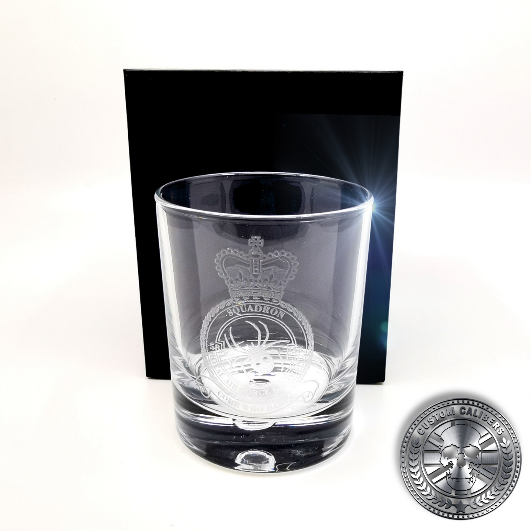 another laser etched whisky tumbler with a silk lined gift box