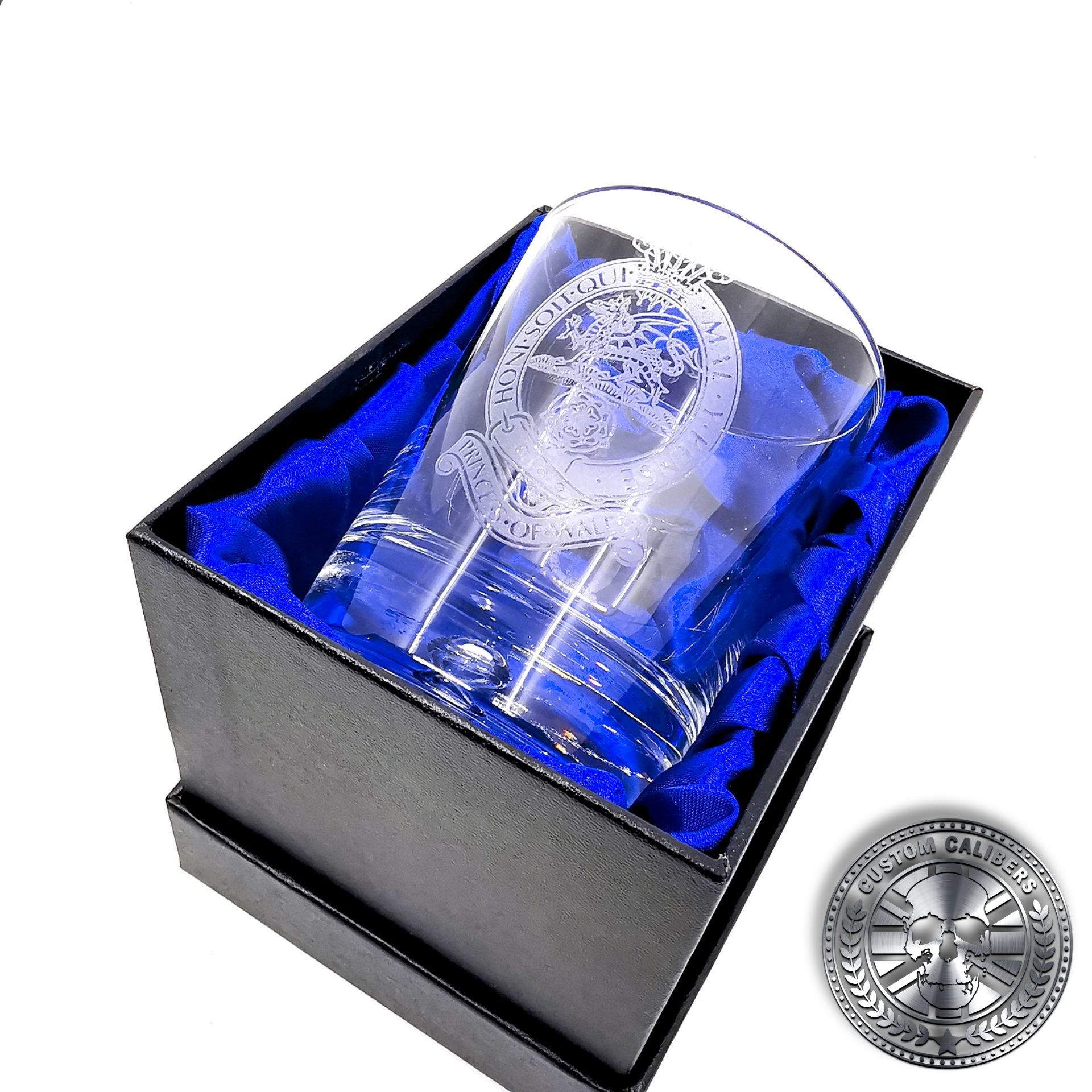 another great macro shot of a military laser etched whisky tumbler presented inside a silk lined gift box