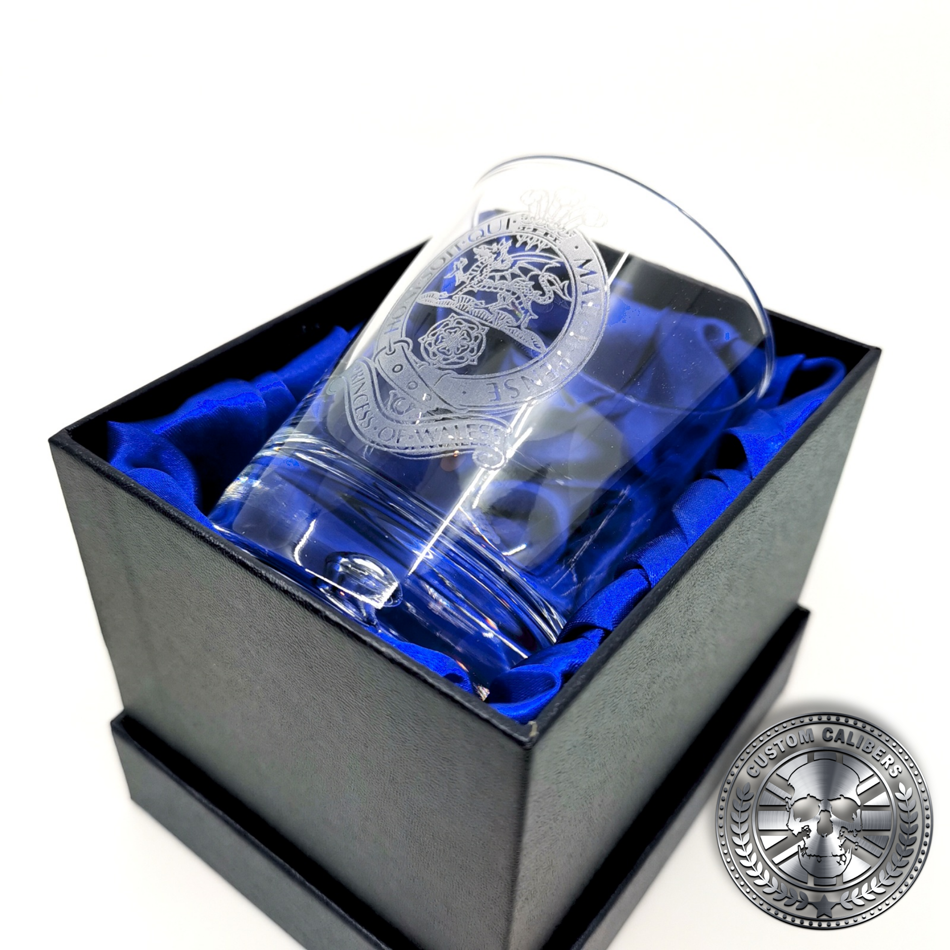 a great shot of a military laser etched whisky tumbler presented inside a silk lined gift box