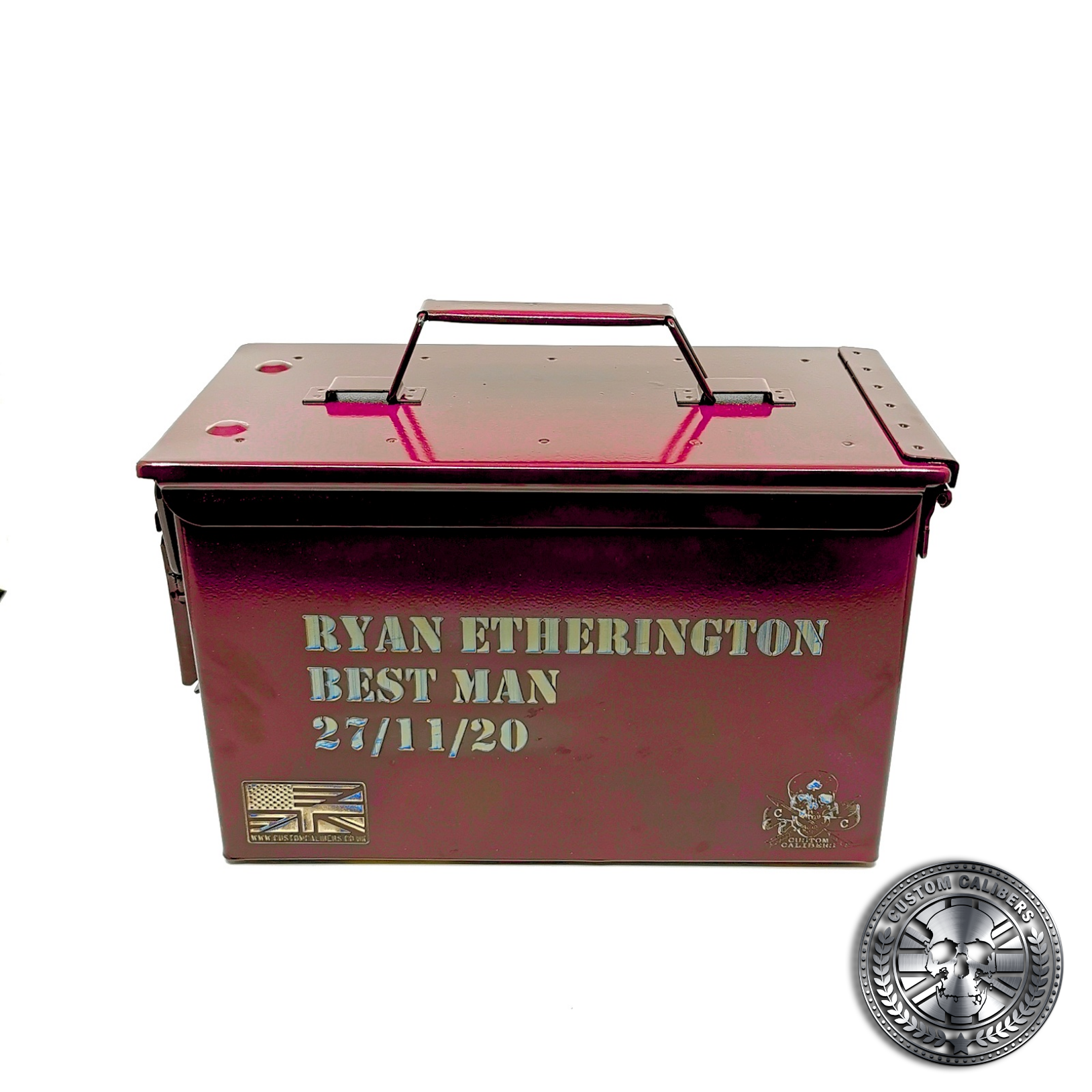 another photo of an engraved ammo tin powder coated in Airborne burgundy
