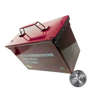 another great shot of an engraved ammo tin powder coated in Airborne burgundy