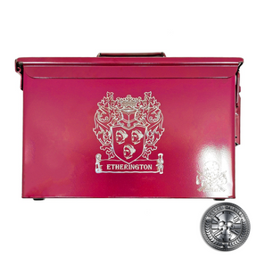 an engraved ammo tin powder coated in Airborne burgundy