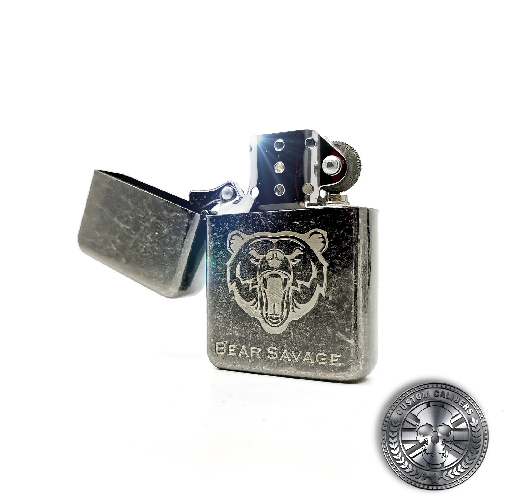 an antique effect steel flip top oil lighter with engraved logo laser engraved