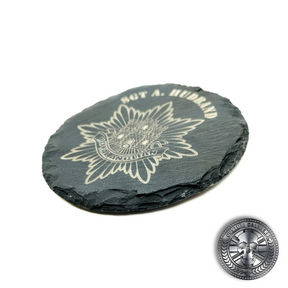 another photo of an engraved slate coaster with the royal anglian regiment crest