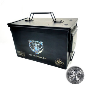 a matt black 50 cal ammo box with laser engraved logo