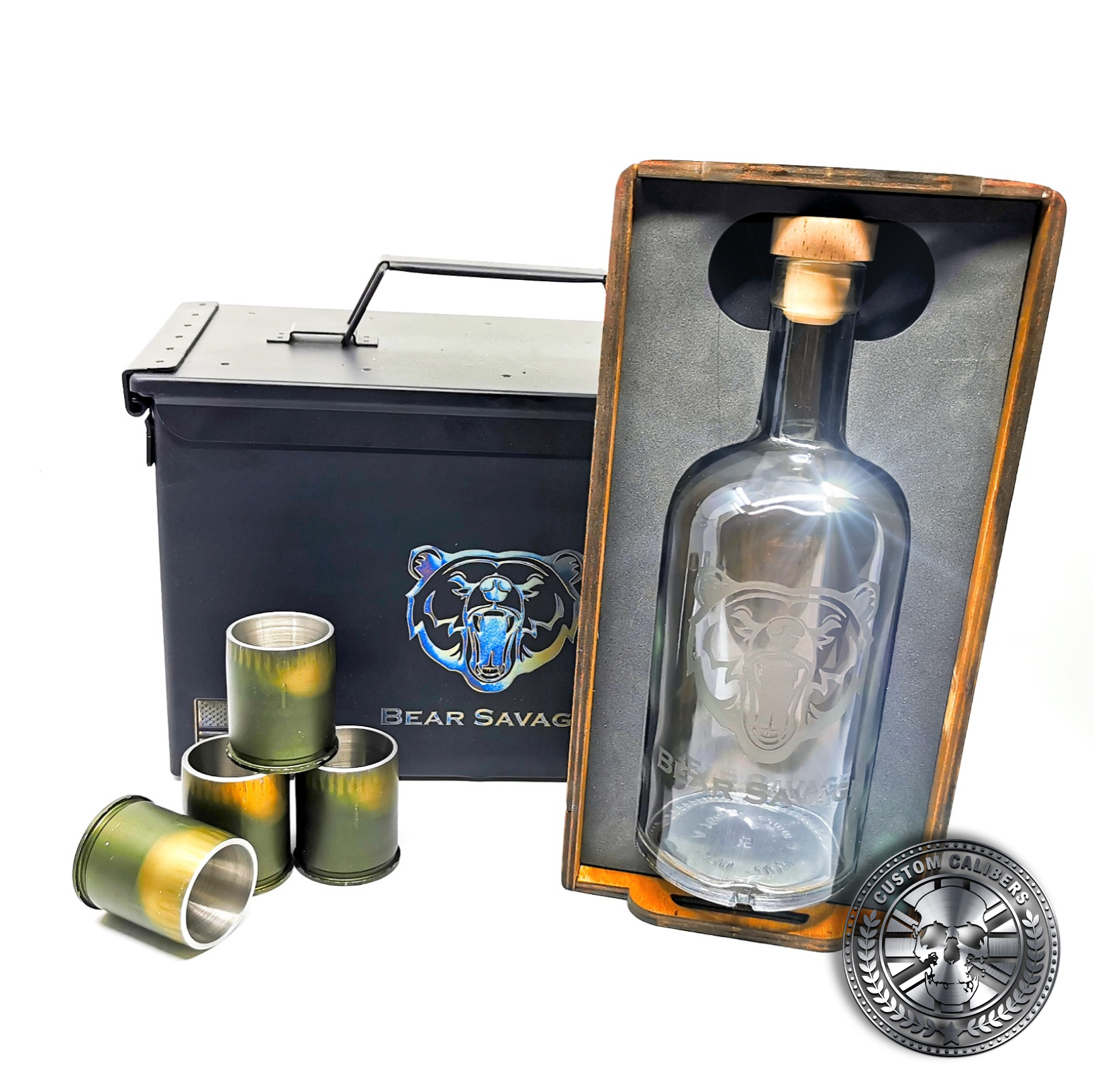 the MK19 GMG grenade gift set showing a whisky bottle and four grenade shot glasses