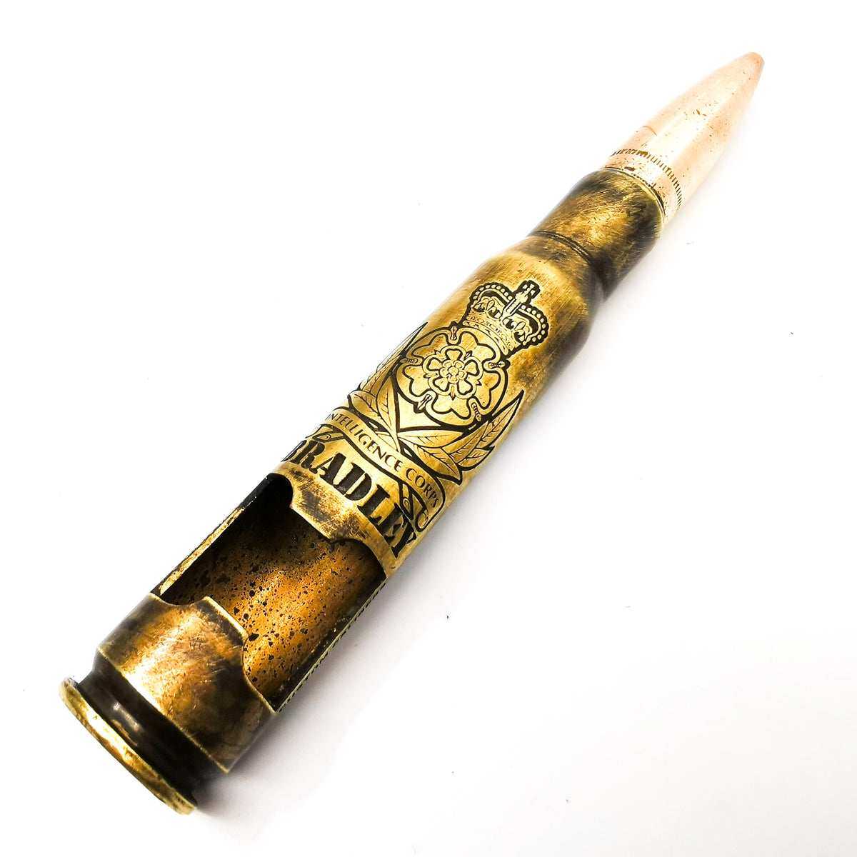 Battle-scarred Brass Genuine .50 Caliber Bullet bottle opener