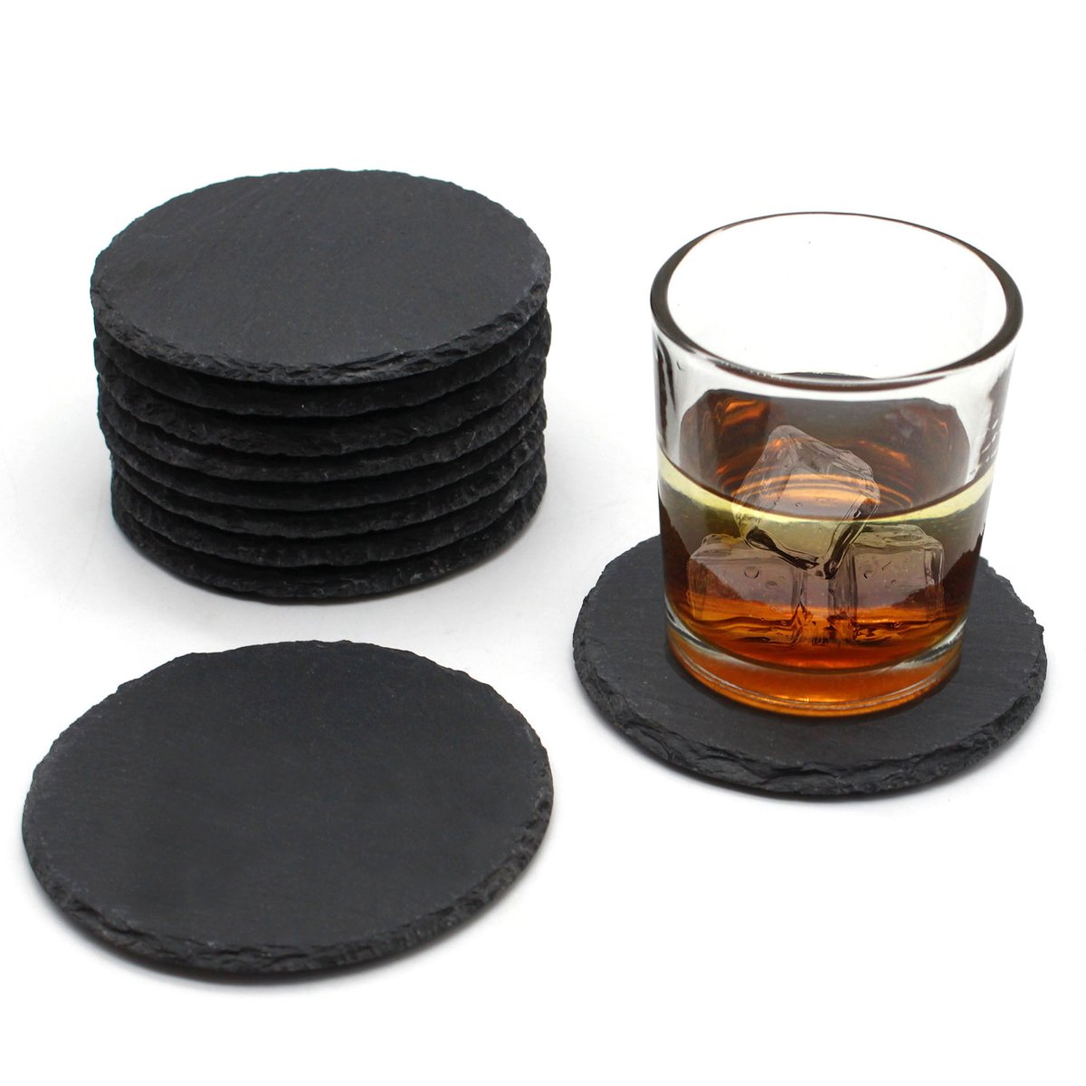 slate coaster round with whisky glass