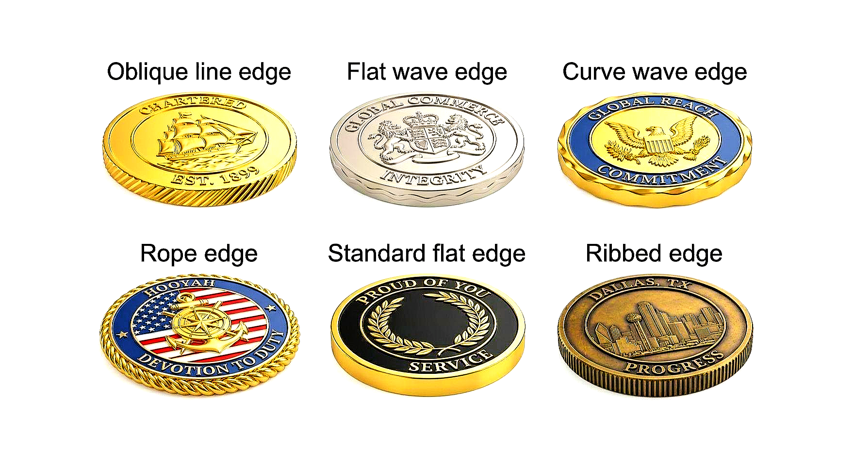 Six challenge coin edge finish options