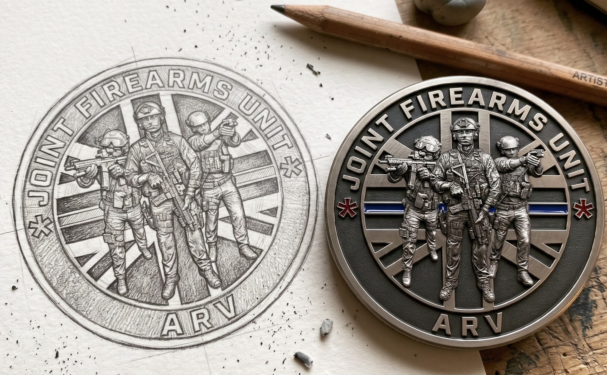 Detailed custom challenge coin displayed beside its original design drawing