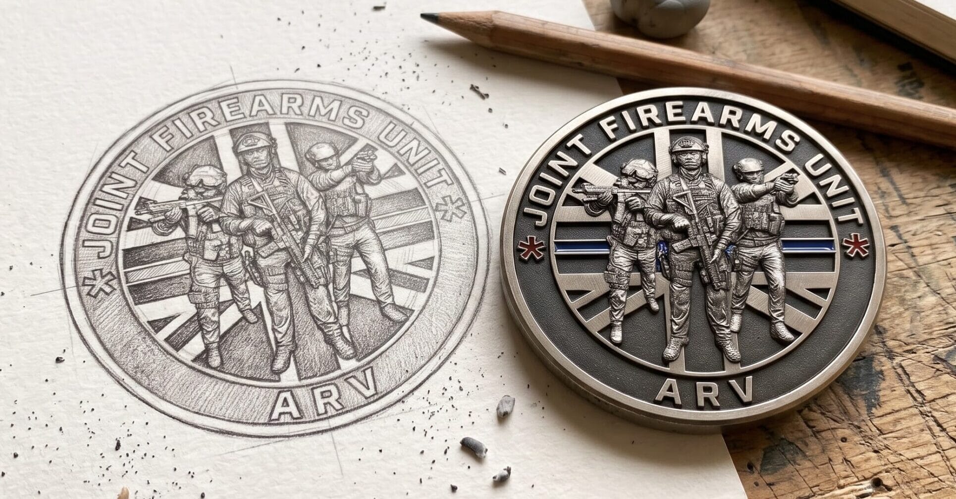 Joint Firearms Unit custom challenge coin showing original pencil artwork beside the finished engraved metal coin