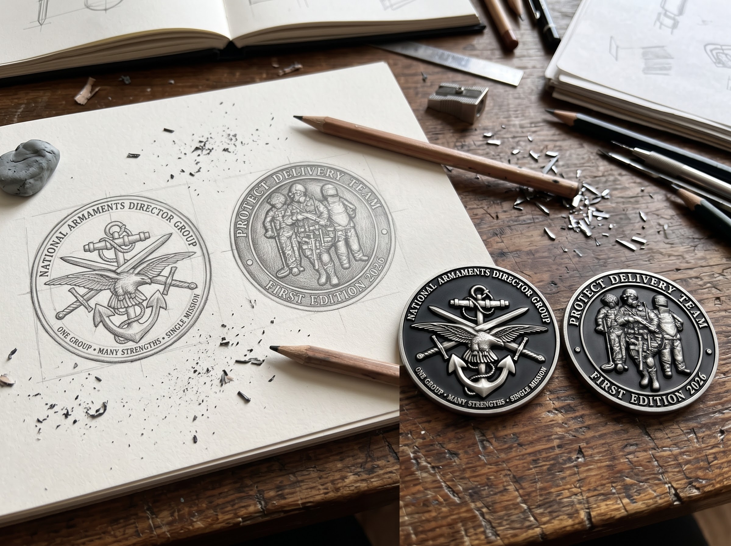 Custom silver challenge coin shown beside its original design sketch