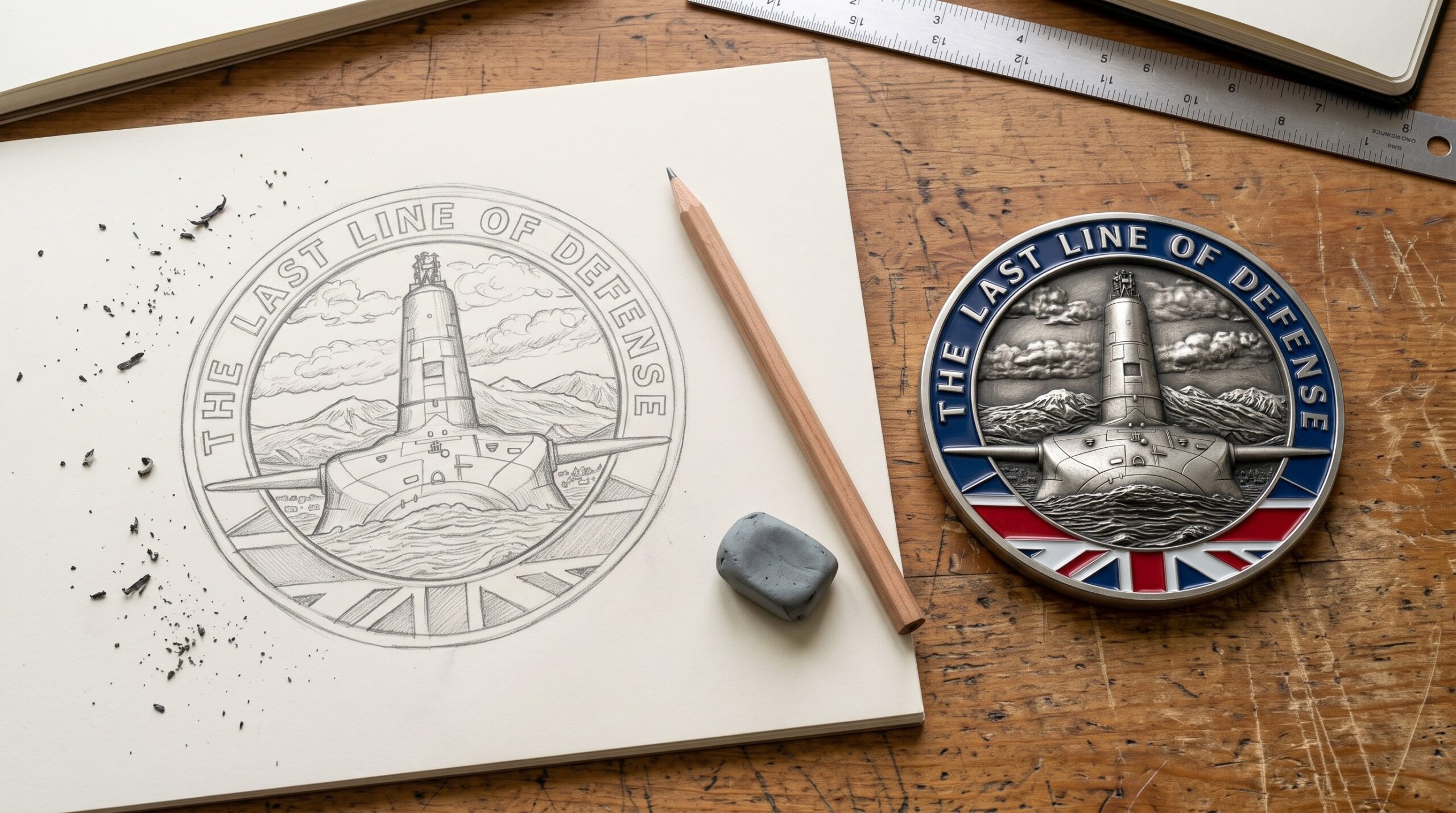 Custom challenge coin design concept and completed engraved metal coin