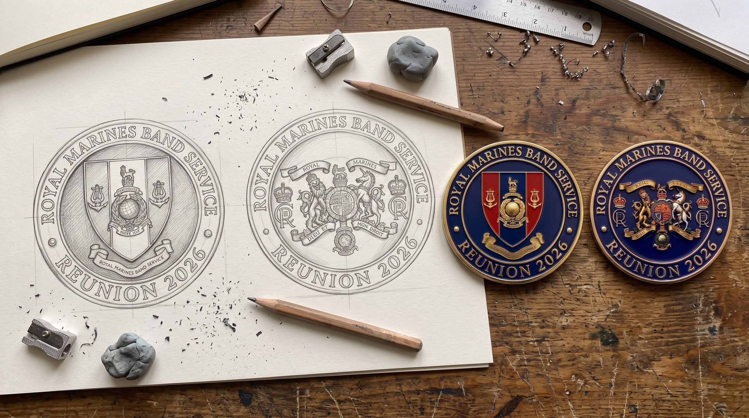 Custom challenge coin alongside detailed original artwork