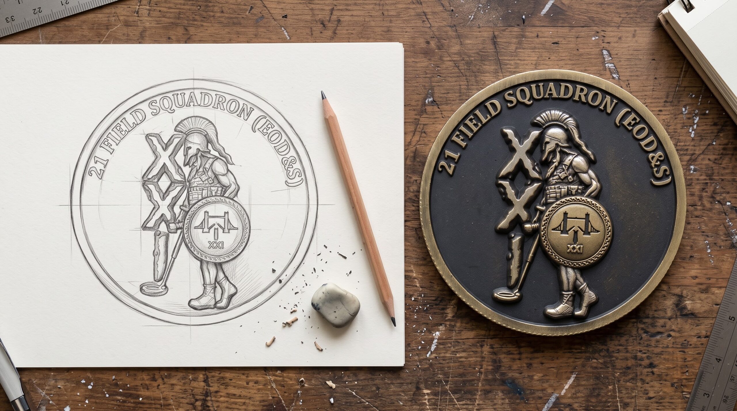 Custom challenge coin design and finished metal coin with detailed artwork